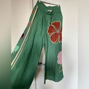 Anthropologie x Farm Rio Green Linen Drawstring Pants with Flowers